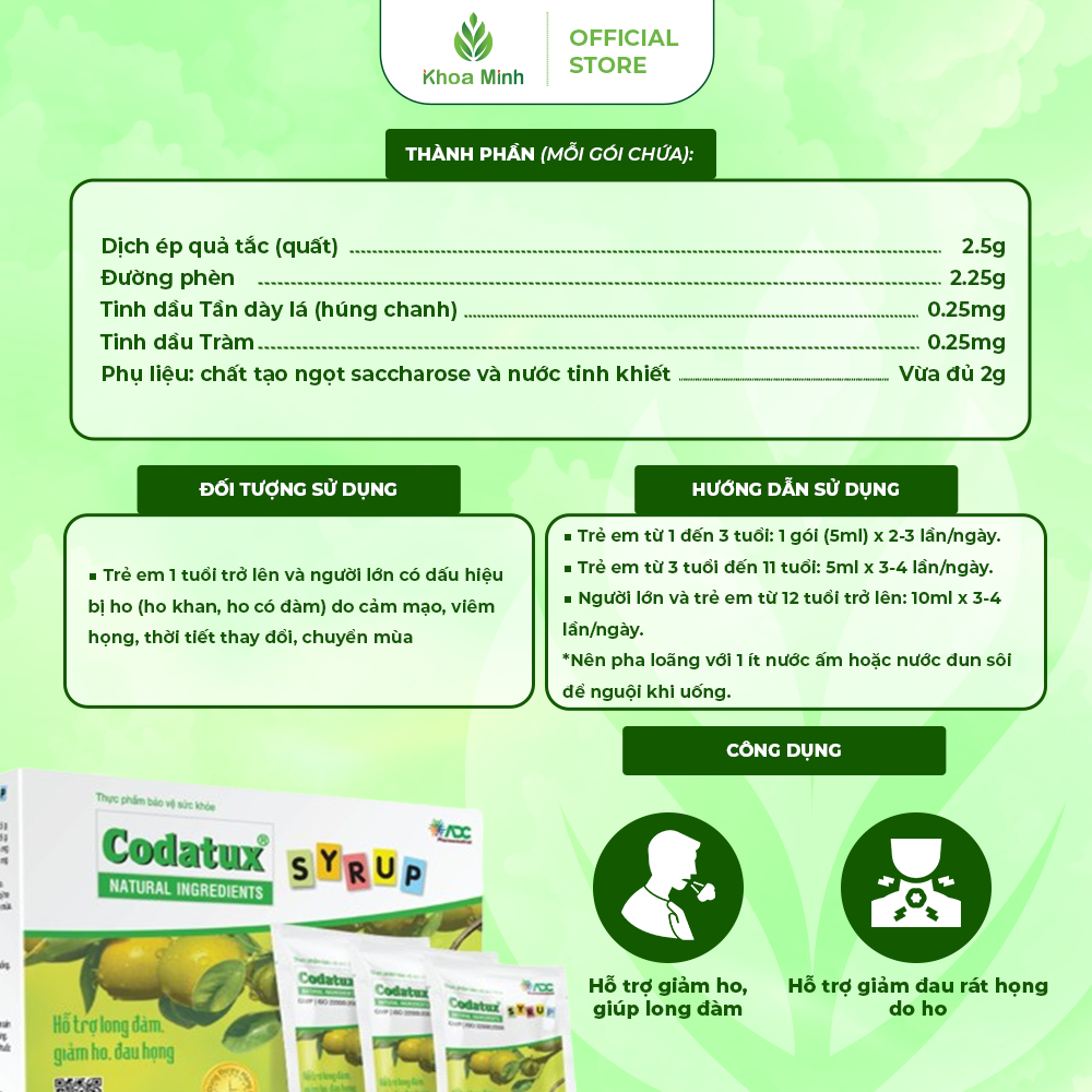 Codatux syrup – Siro hỗ trợ giảm ho, giúp long đàm, giảm đau rát họng do ho.