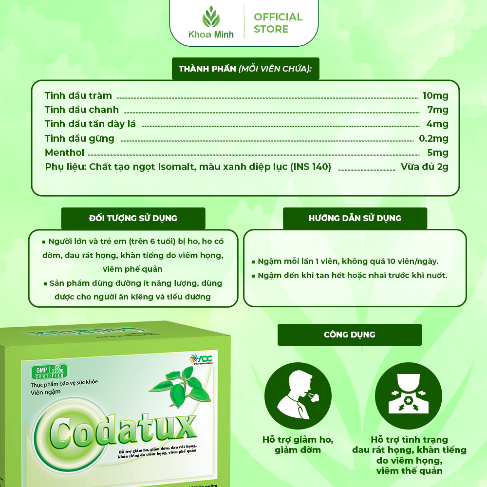 Viên ngậm Codatux – Hỗ trợ giảm ho, giảm đờm, đau rát họng, khản tiếng do viêm họng, viêm phế quản.